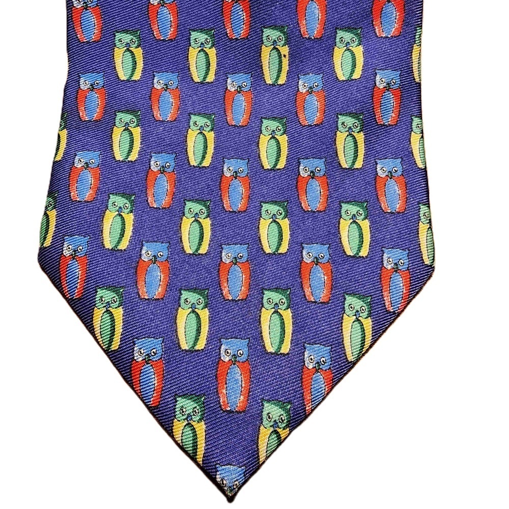 Jos A Bank Executive Collection Multicolor Owl Pattern Blue Silk Tie 59"×4"‎